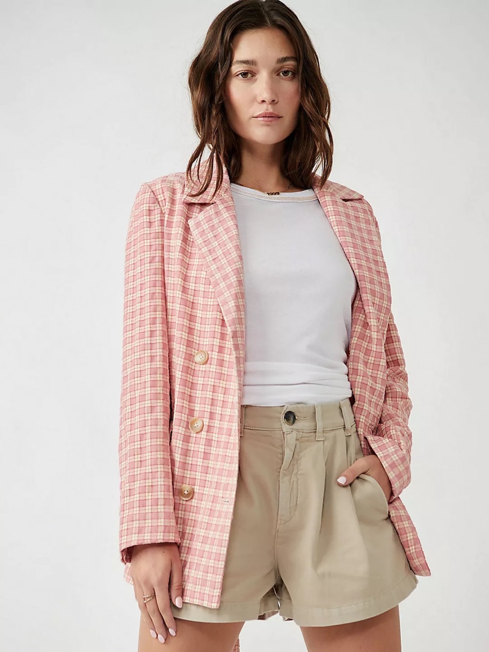 Free people Olivia double breasted pink cream gingham blazer size medium